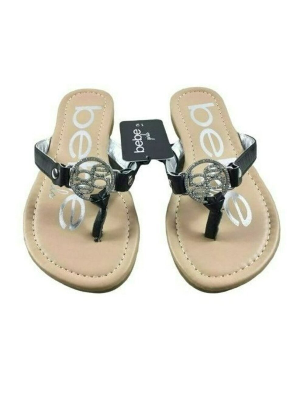Bebe Shoes Black Rhinestone Logo Flip Flop Sandals New Size 12
